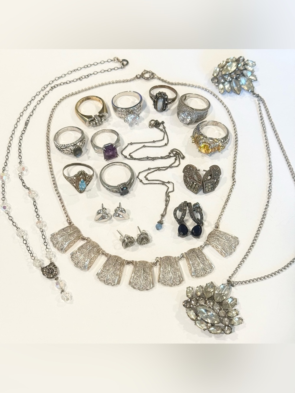 Vintage Art Deco Sterling Silver Ring & Necklace Lot Stones Earrings Filigree